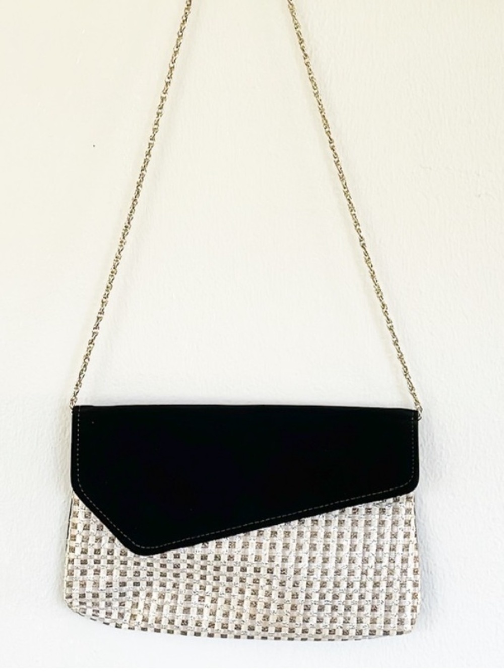 Vintage metallic silver glitter check envelope chain strap crossbody bag